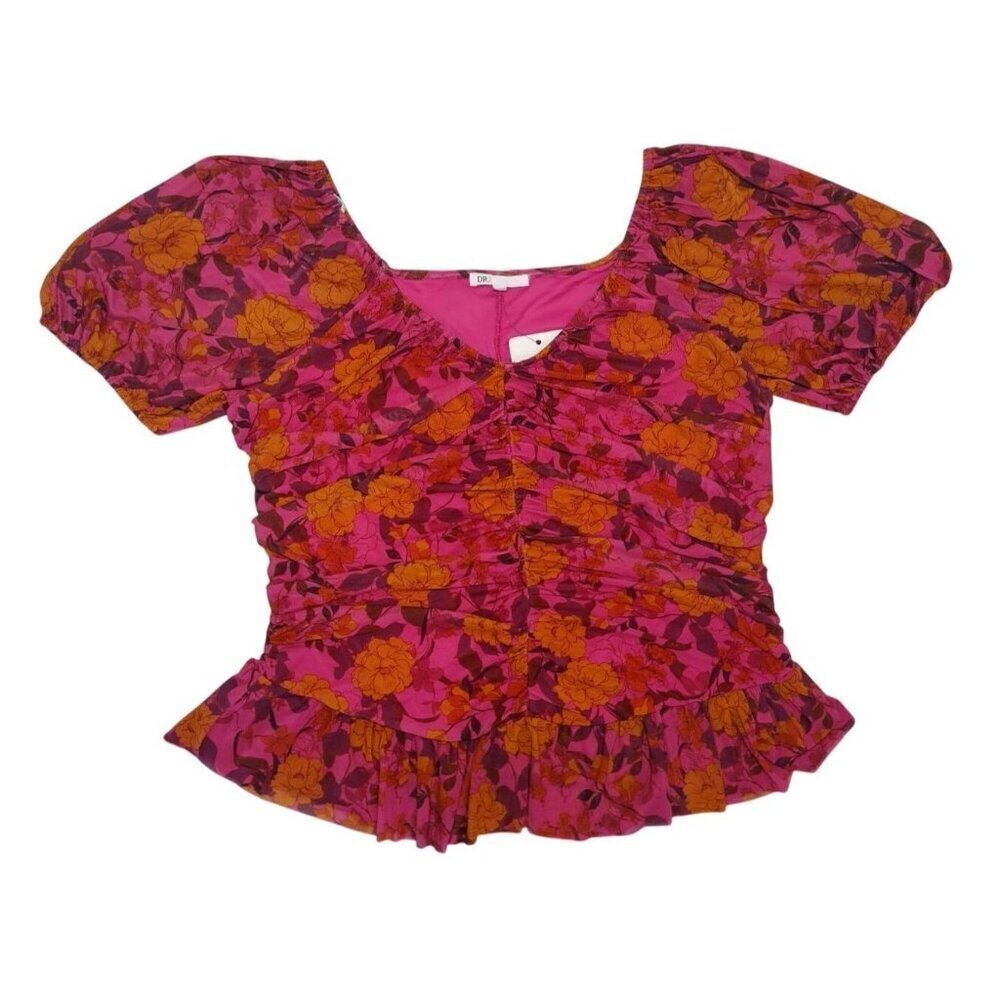 DR2 Pink/Orange Floral Gathered Peplum Blouse XXL, Square Neckline, NWT
